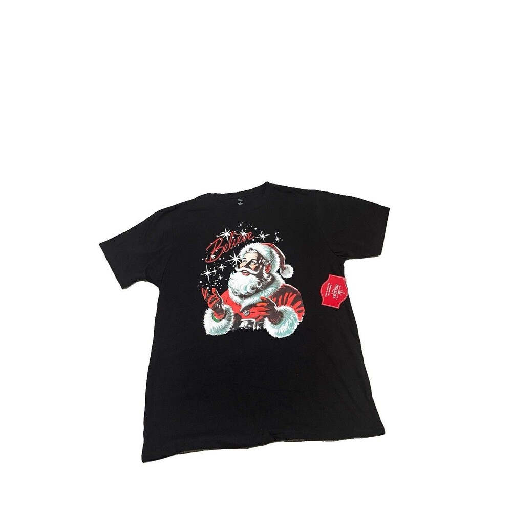 Mens Black Holiday Christmas Santa Believe T-Shirt by Holiday Time Size M
